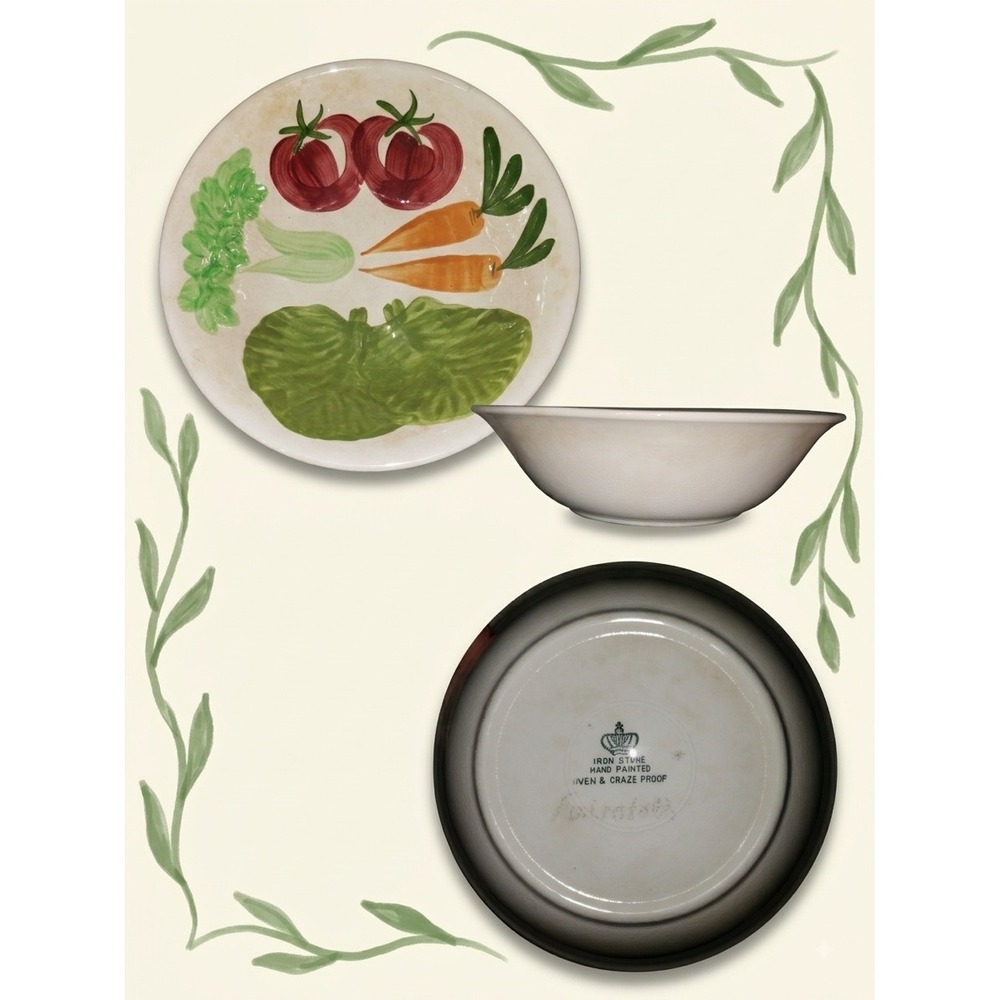 Vintage Ironstone Hand Painted Vegetable Bowl Tomatoes Carrots Lettuce Salad